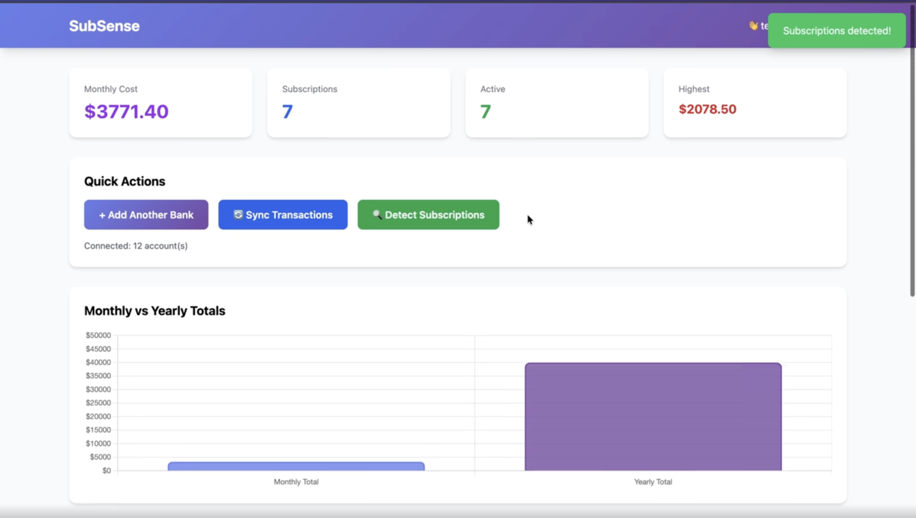 SubSense — Subscription detection dashboard by Rohan Nayyer